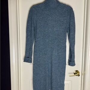 Blue Ribbed Knit Turtleneck Sweater Dress